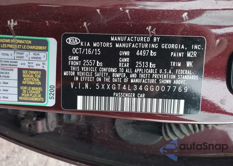 2016 Kia Optima Lx из США, поврежденный, VIN 5XXGT4L34GG007769